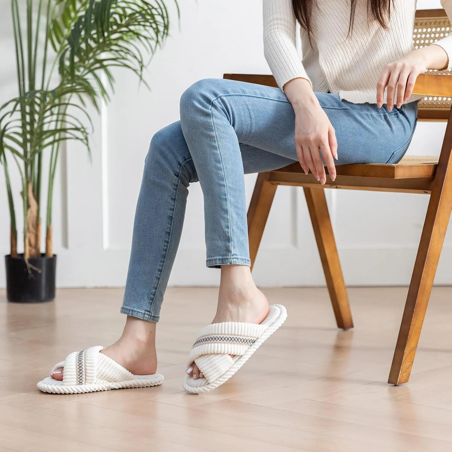 Slippers for Women Memory Foam House Bedroom Corduroy Crossbands Open Toe Slides Sandals Shoes Comfy Trendy Gift for womens Anti-Skid sole