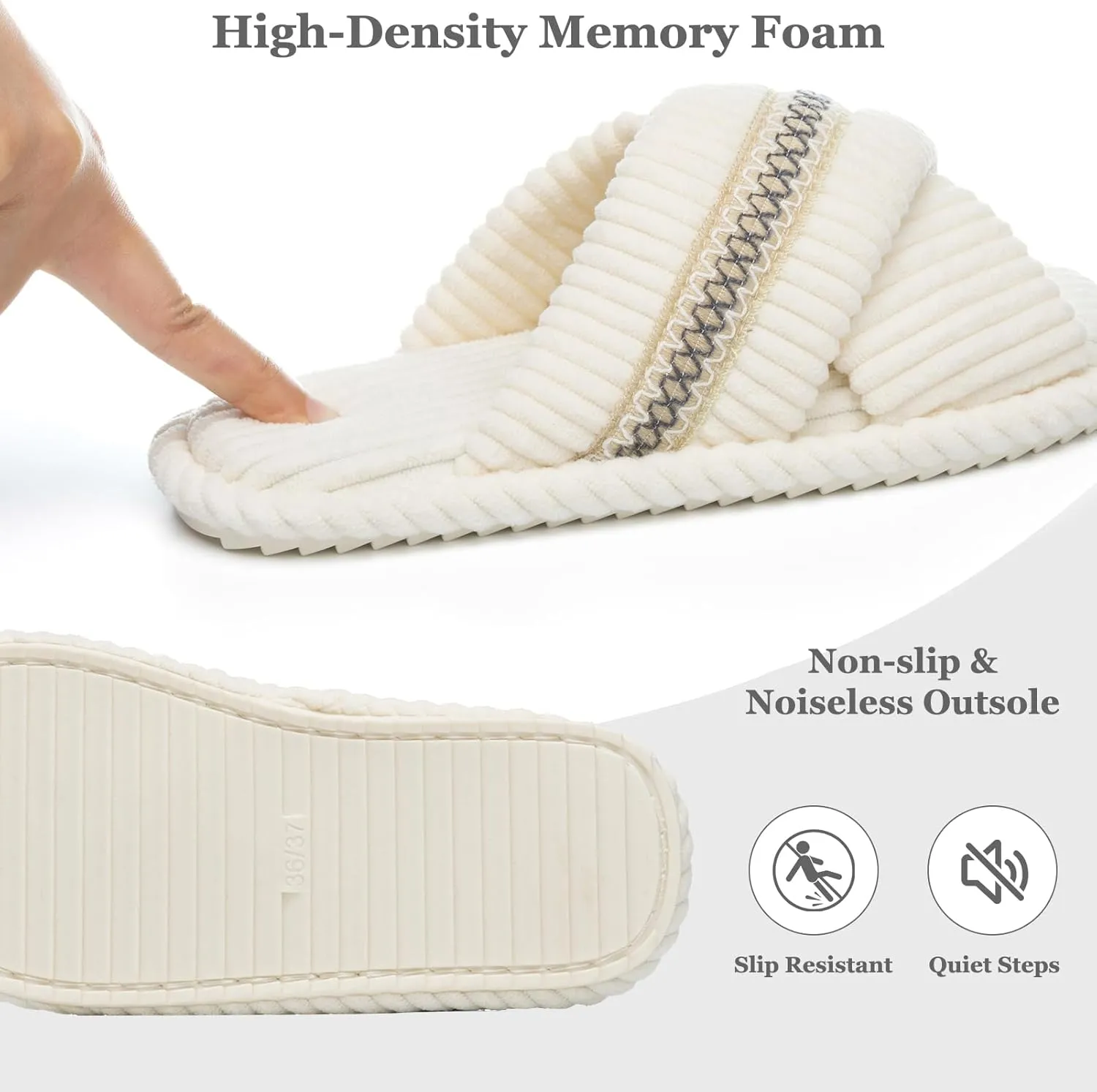 Slippers for Women Memory Foam House Bedroom Corduroy Crossbands Open Toe Slides Sandals Shoes Comfy Trendy Gift for womens Anti-Skid sole