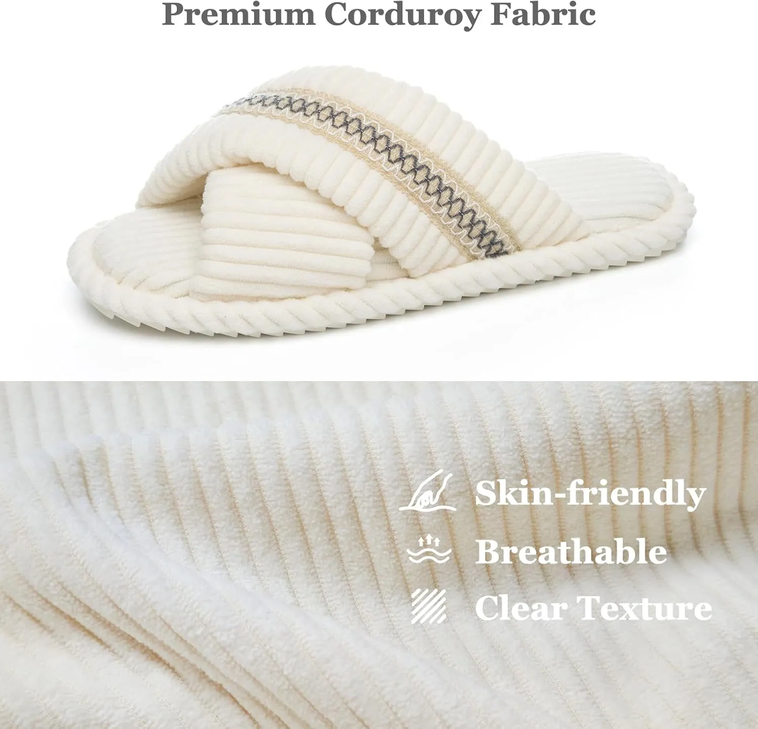 Slippers for Women Memory Foam House Bedroom Corduroy Crossbands Open Toe Slides Sandals Shoes Comfy Trendy Gift for womens Anti-Skid sole