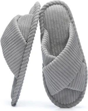 Slippers for Women Memory Foam House Bedroom Corduroy Crossbands Open Toe Slides Sandals Shoes Comfy Trendy Gift for womens Anti-Skid sole