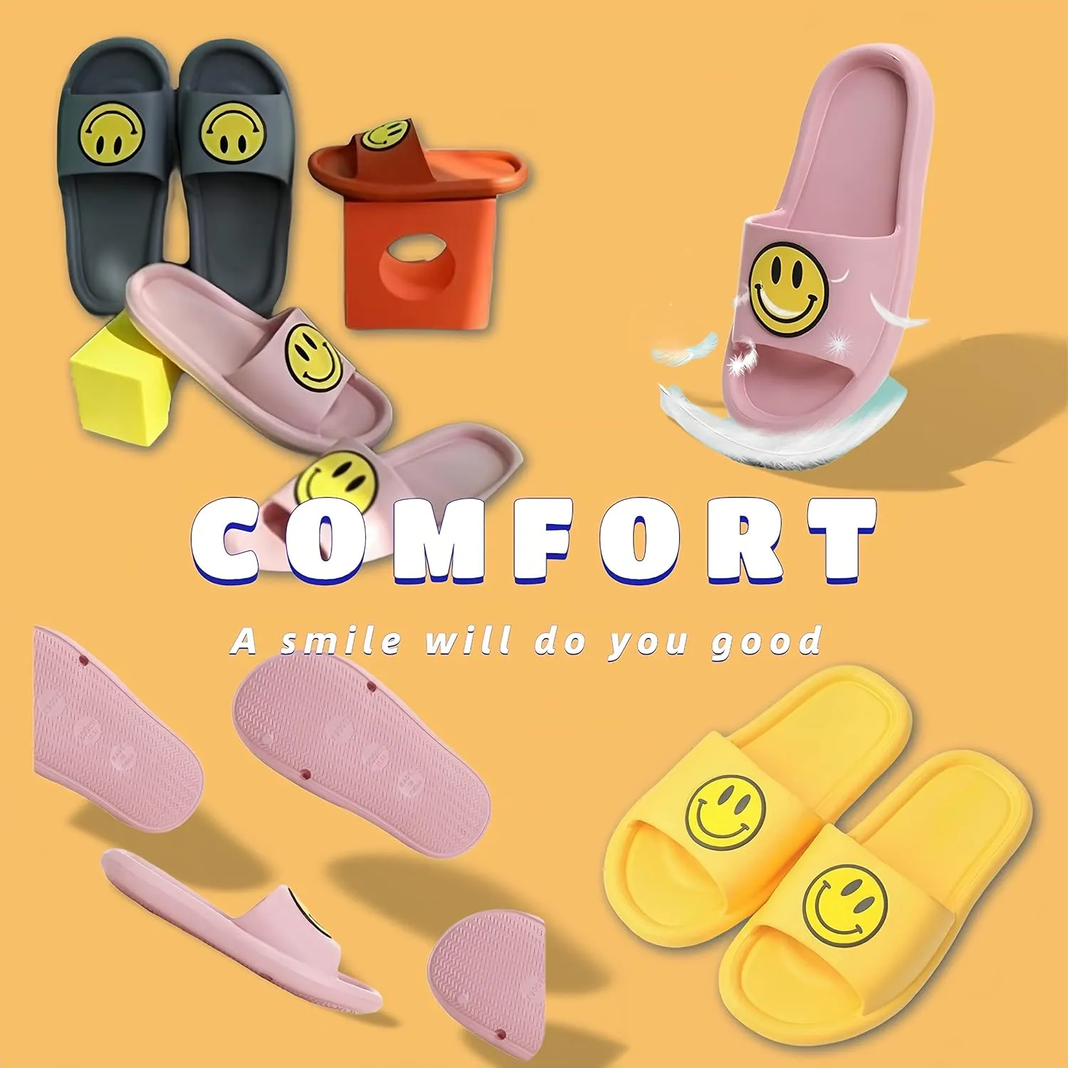 Smile Face Slippers Cloud Sandals Cute Soft Retro Lightweight EVA Anti-Slip Slip-on Cozy Indoor Outdoor Slippers for Women Men Girls Boys Open Toe Spa Bath Pool Casual Shower Anti-Skid Sole