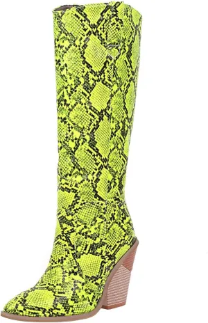Snake Print Knee High Boots for Women Chunky Heel Pointed Toe Cowboy Boots Sexy Western Snakeskin Cowgirl Boots