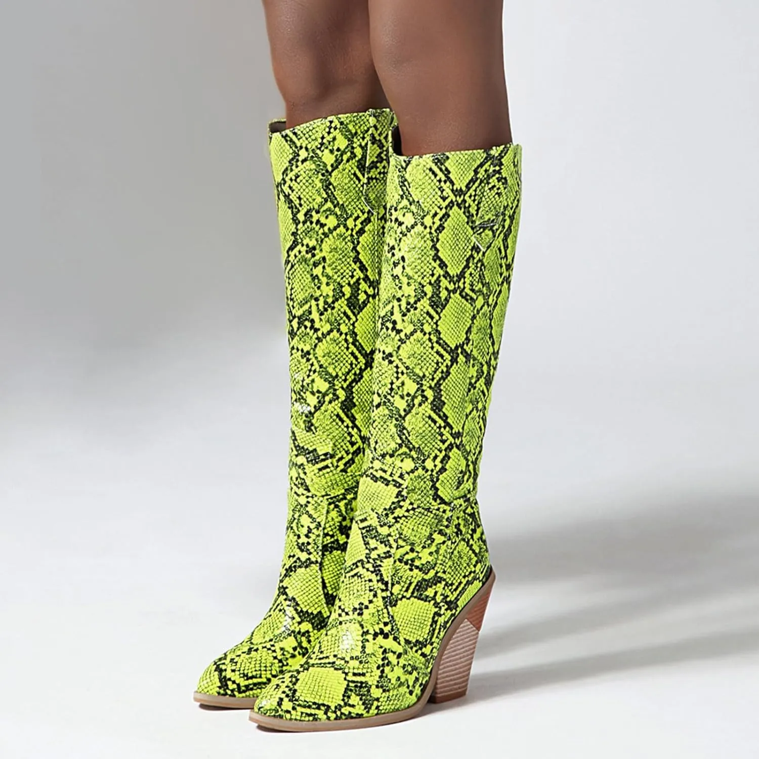 Snake Print Knee High Boots for Women Chunky Heel Pointed Toe Cowboy Boots Sexy Western Snakeskin Cowgirl Boots