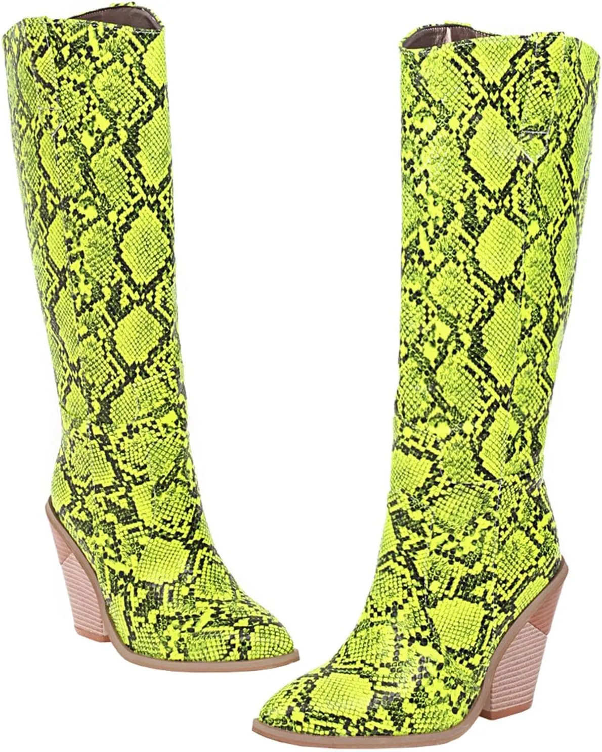 Snake Print Knee High Boots for Women Chunky Heel Pointed Toe Cowboy Boots Sexy Western Snakeskin Cowgirl Boots