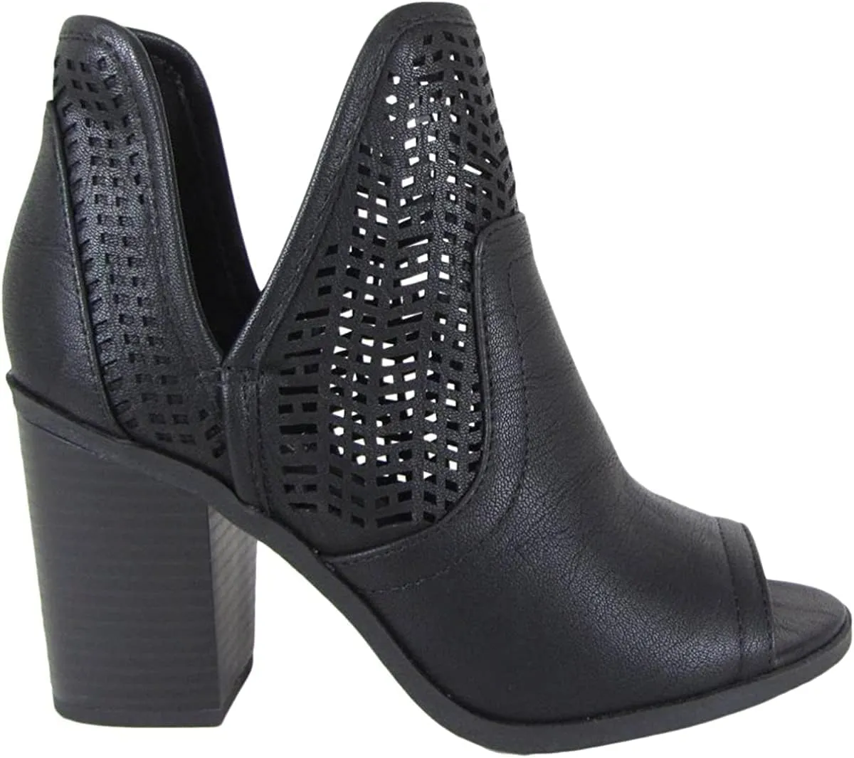 Soda CATHY - Women's Laser Cut Side V Cutout Open Toe Stacked Chunky Heel Bootie