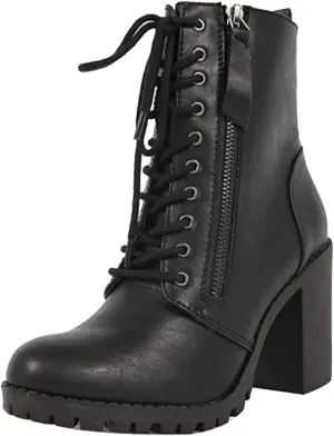 Soda Malia Round Toe Stacked Lug Heel Lace Up Ankle Booties
