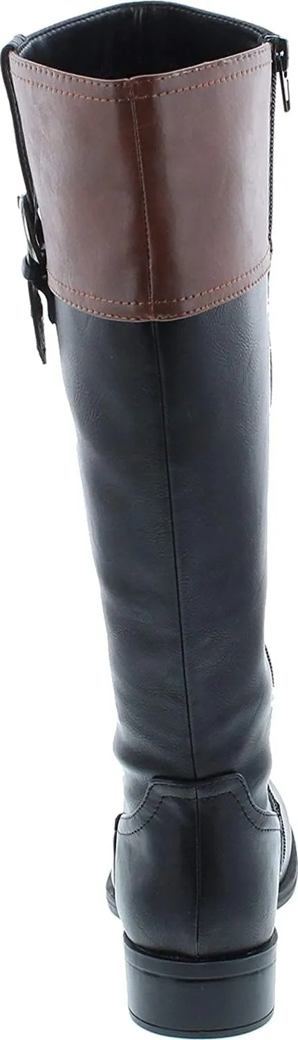 Soda VISA ~ Women Round Toe Two Tone Mid Shaft Low Block Heel Harness Riding Boots