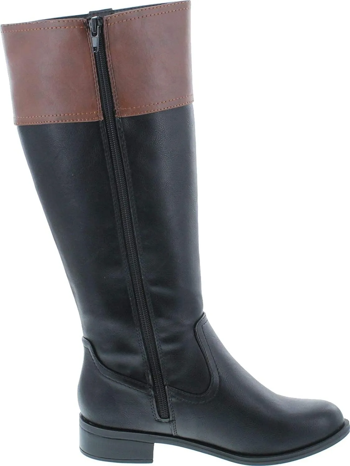 Soda VISA ~ Women Round Toe Two Tone Mid Shaft Low Block Heel Harness Riding Boots