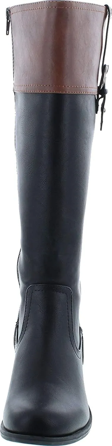 Soda VISA ~ Women Round Toe Two Tone Mid Shaft Low Block Heel Harness Riding Boots