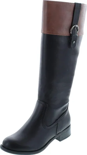 Soda VISA ~ Women Round Toe Two Tone Mid Shaft Low Block Heel Harness Riding Boots