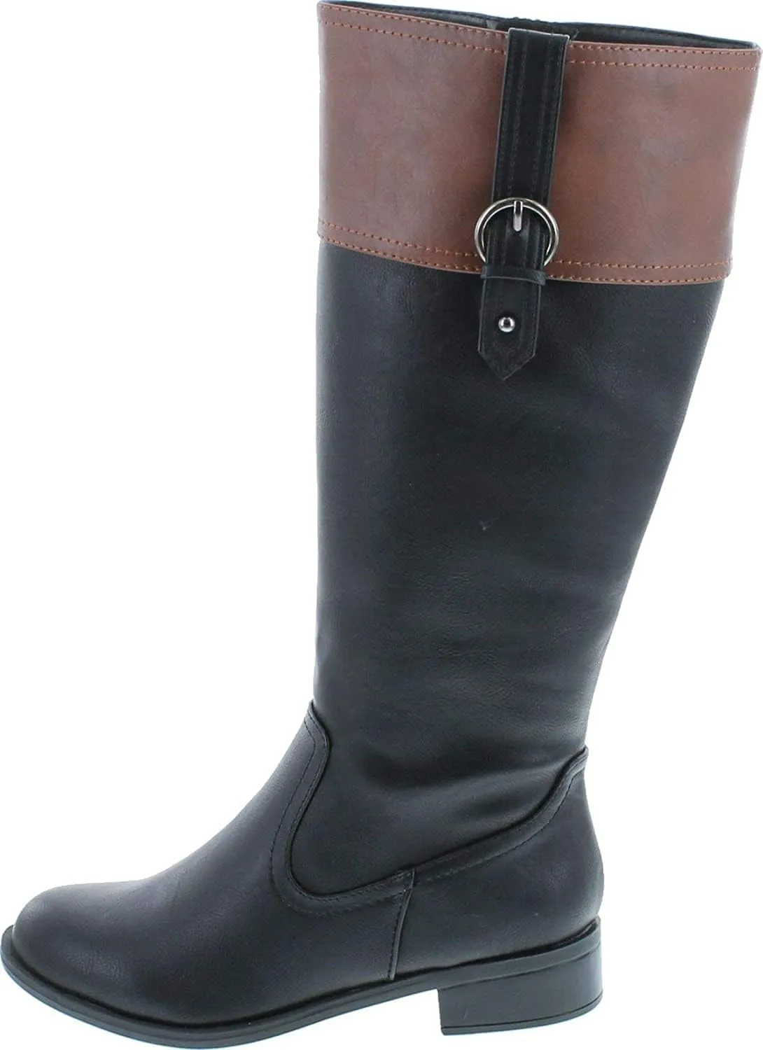 Soda VISA ~ Women Round Toe Two Tone Mid Shaft Low Block Heel Harness Riding Boots