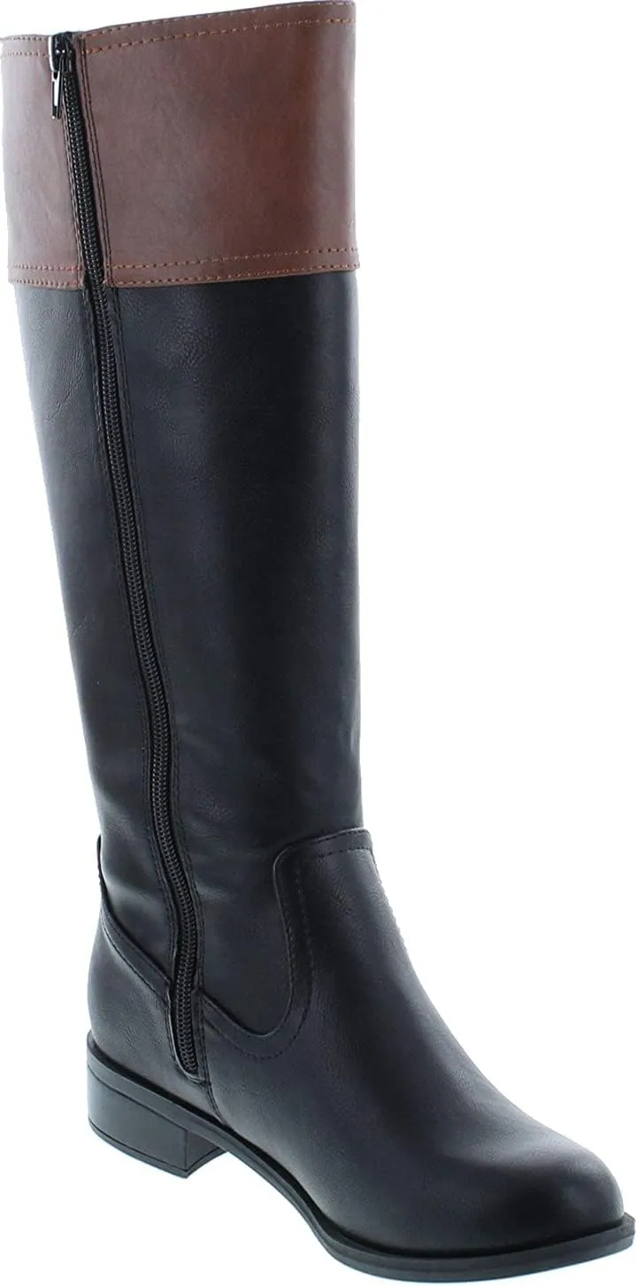 Soda VISA ~ Women Round Toe Two Tone Mid Shaft Low Block Heel Harness Riding Boots