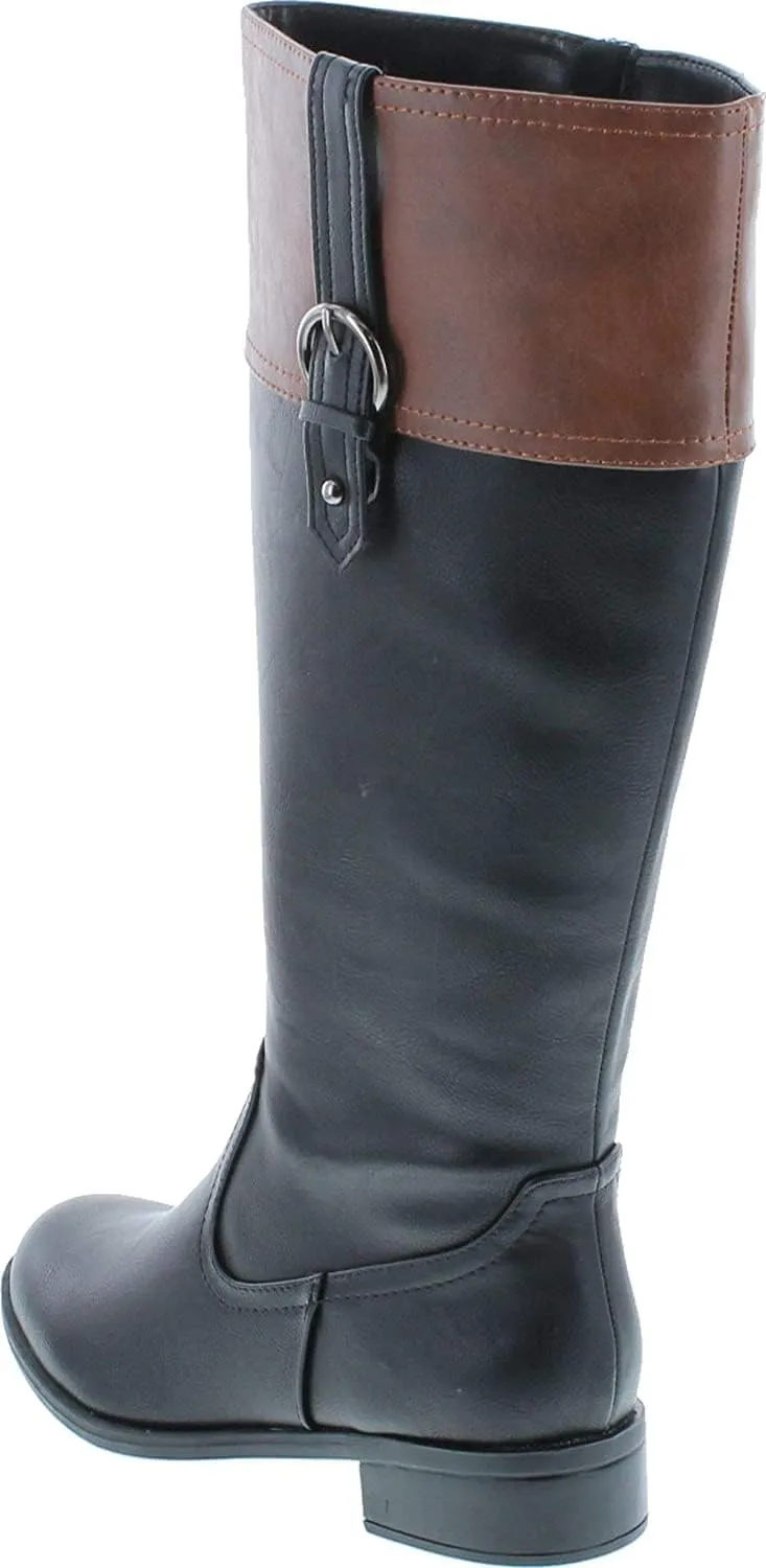 Soda VISA ~ Women Round Toe Two Tone Mid Shaft Low Block Heel Harness Riding Boots