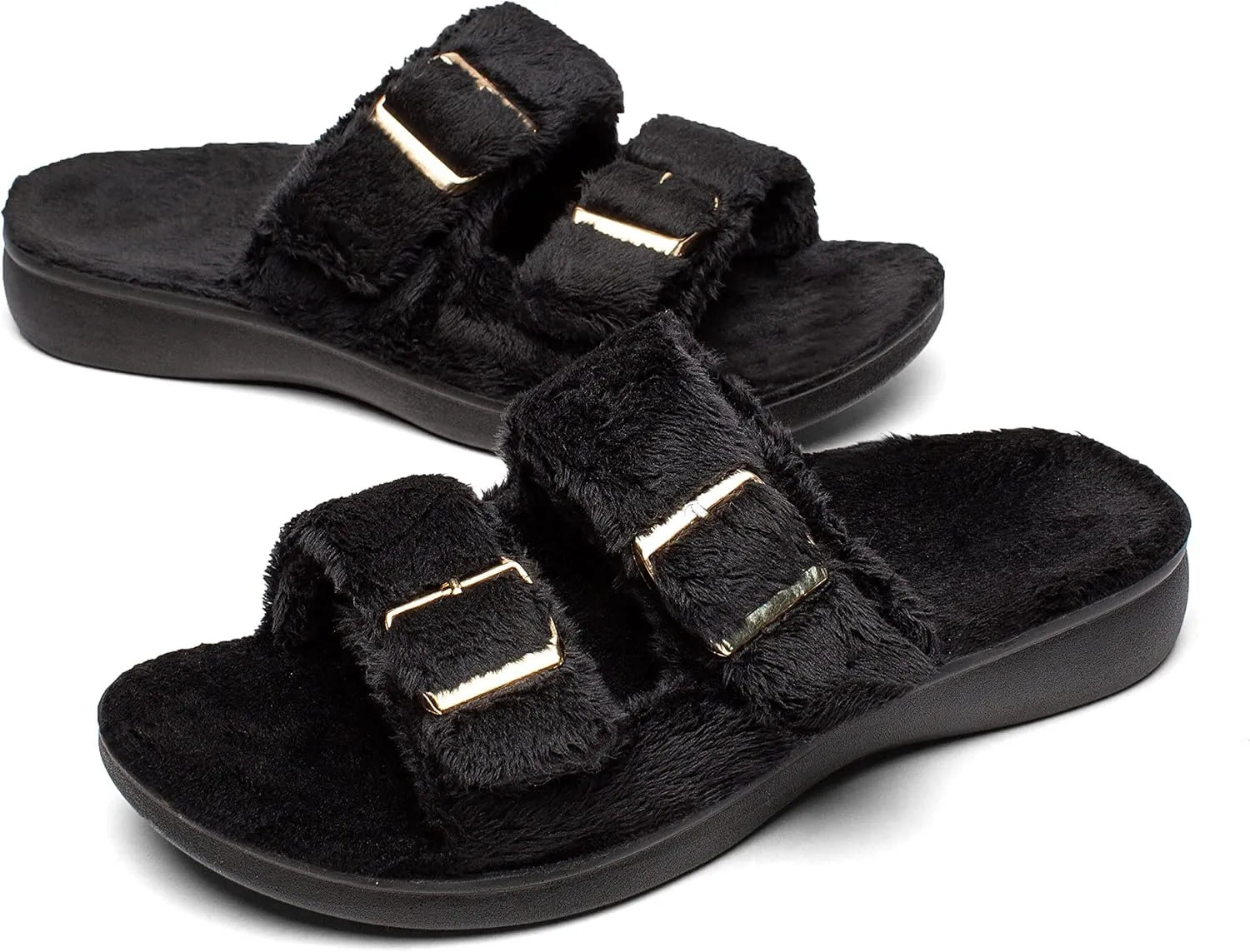 SOLLBEAM Womens plantar faciitis Fuzzy House Slippers Open Toe with Cozy Lining Arch Support Orthotic Heel Cup sandals