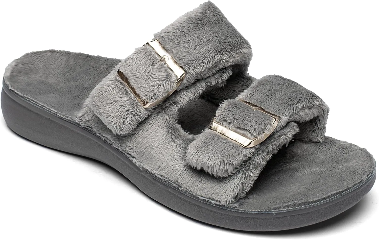 SOLLBEAM Womens plantar faciitis Fuzzy House Slippers Open Toe with Cozy Lining Arch Support Orthotic Heel Cup sandals