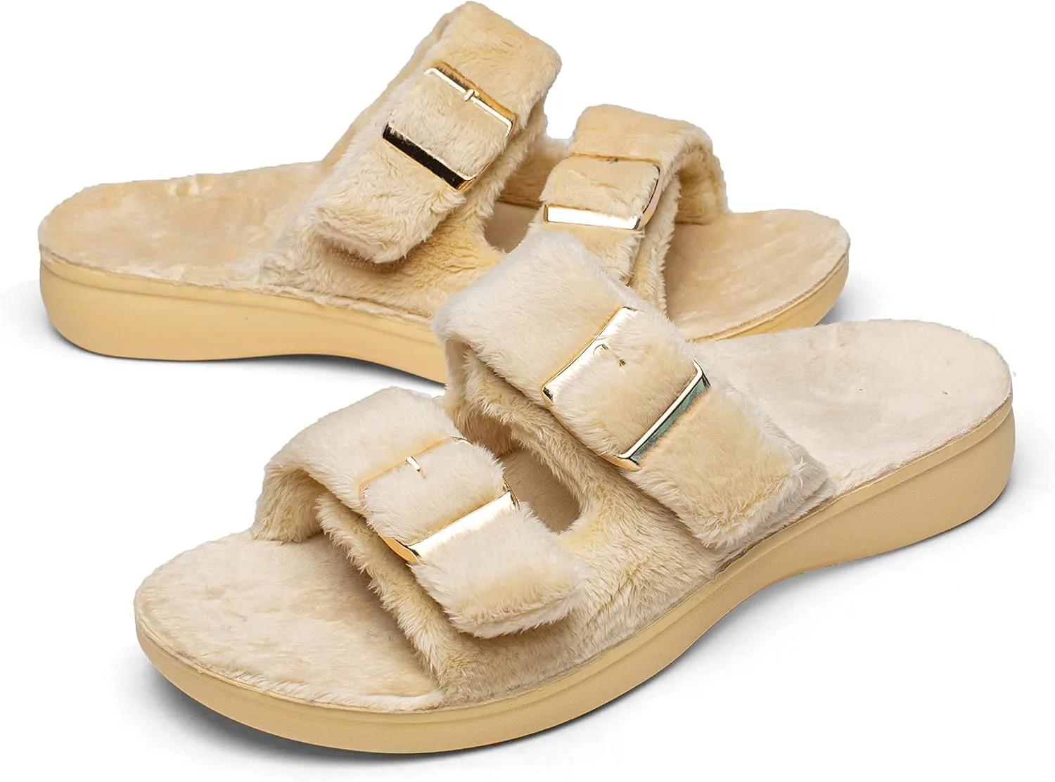 SOLLBEAM Womens plantar faciitis Fuzzy House Slippers Open Toe with Cozy Lining Arch Support Orthotic Heel Cup sandals