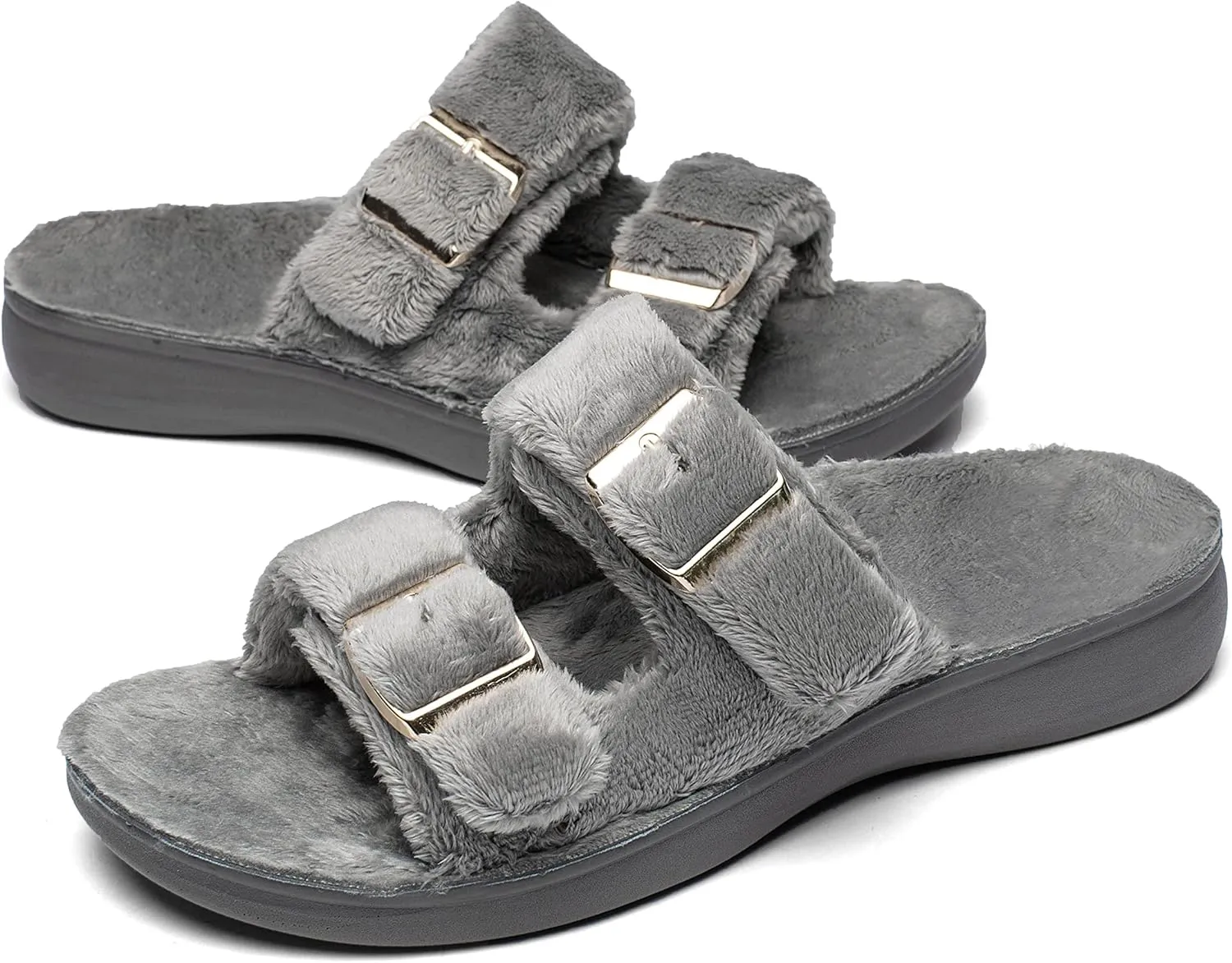 SOLLBEAM Womens plantar faciitis Fuzzy House Slippers Open Toe with Cozy Lining Arch Support Orthotic Heel Cup sandals