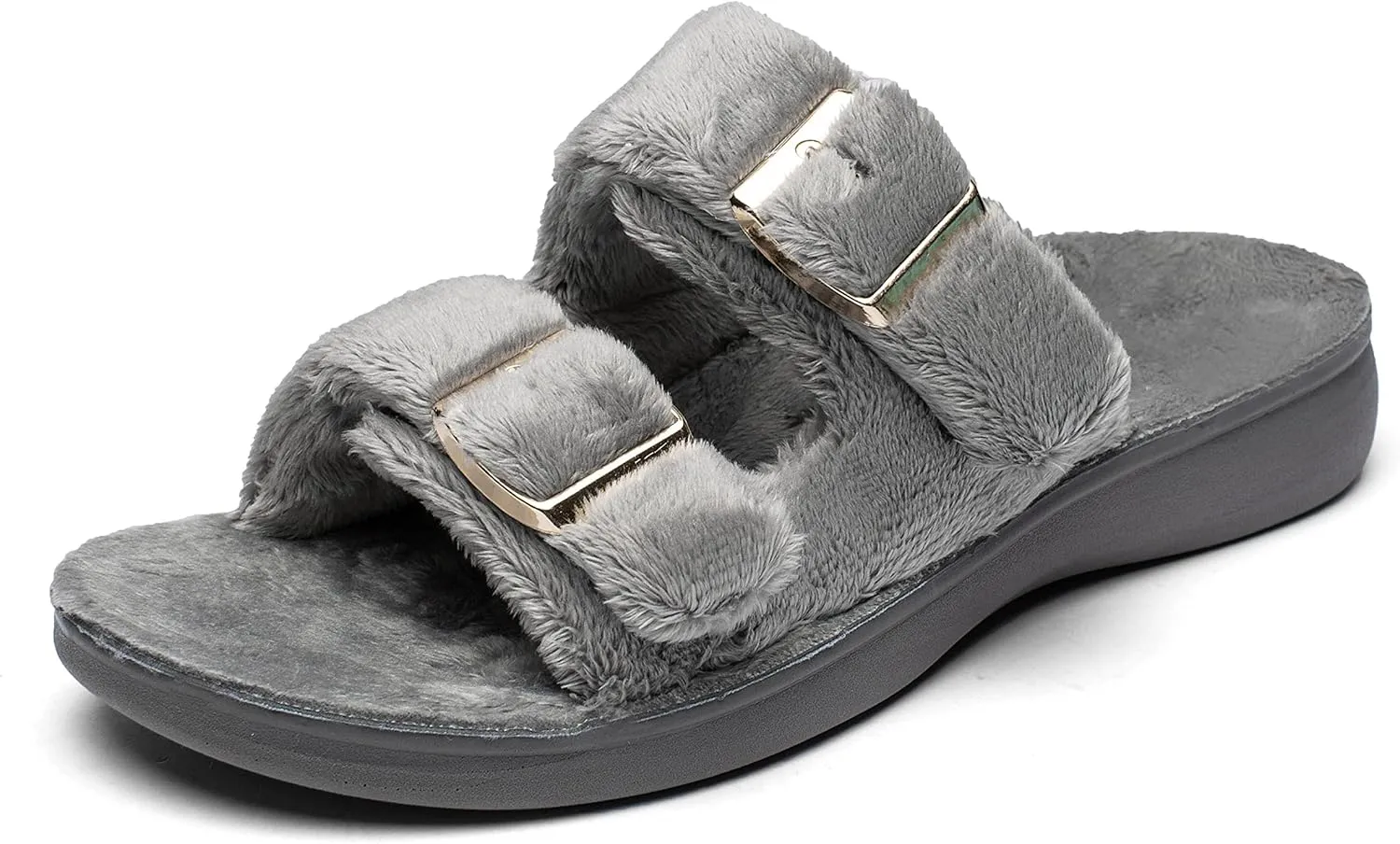 SOLLBEAM Womens plantar faciitis Fuzzy House Slippers Open Toe with Cozy Lining Arch Support Orthotic Heel Cup sandals