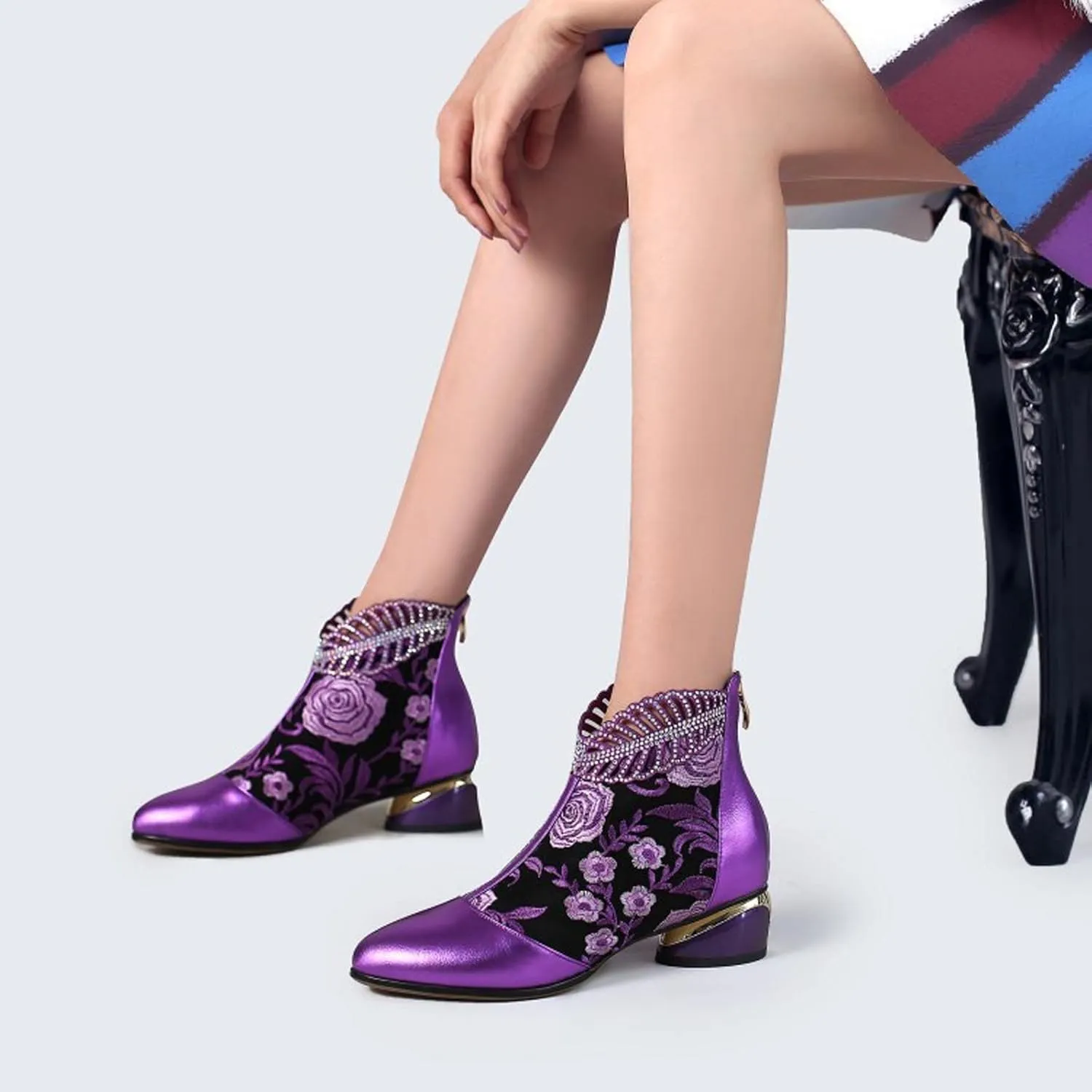 Sparkly Rhinestones Ankle Boots for Women Chunky Heel Vintage Pointed Toe Flower Embroidery Hollow Slip on Mid Heel Booties Retro Casual Ladies Shoes