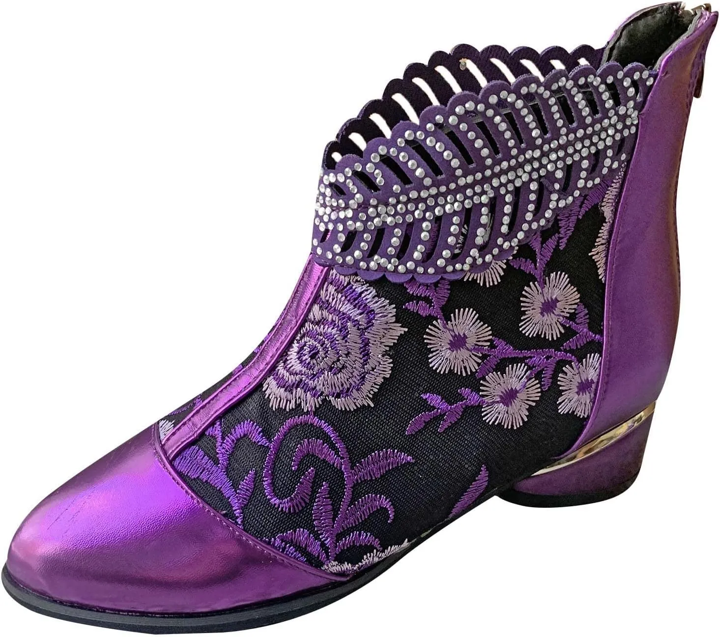 Sparkly Rhinestones Ankle Boots for Women Chunky Heel Vintage Pointed Toe Flower Embroidery Hollow Slip on Mid Heel Booties Retro Casual Ladies Shoes