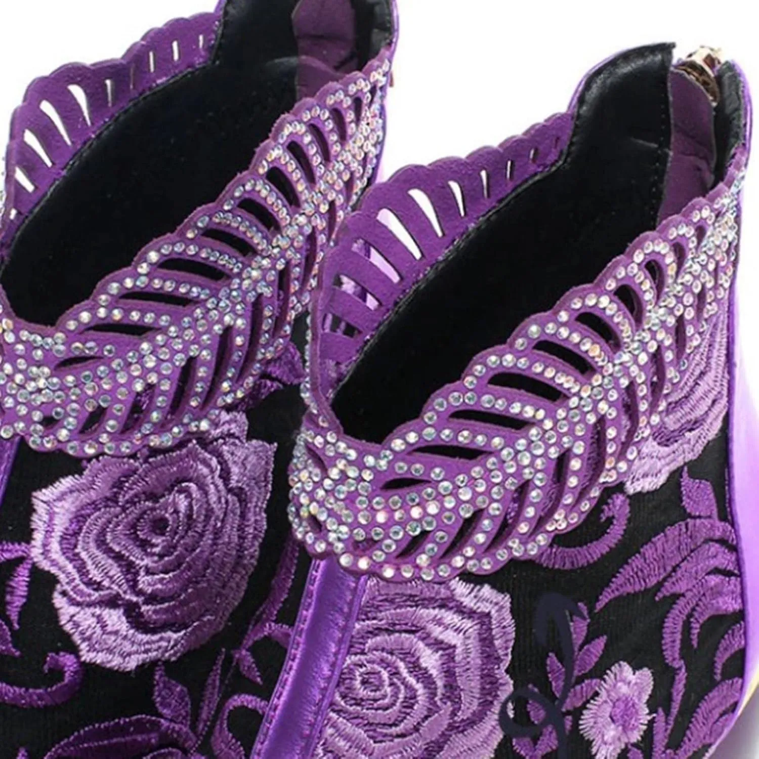 Sparkly Rhinestones Ankle Boots for Women Chunky Heel Vintage Pointed Toe Flower Embroidery Hollow Slip on Mid Heel Booties Retro Casual Ladies Shoes