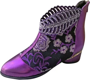 Sparkly Rhinestones Ankle Boots for Women Chunky Heel Vintage Pointed Toe Flower Embroidery Hollow Slip on Mid Heel Booties Retro Casual Ladies Shoes