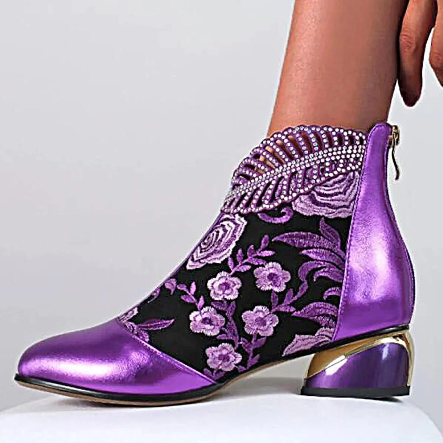 Sparkly Rhinestones Ankle Boots for Women Chunky Heel Vintage Pointed Toe Flower Embroidery Hollow Slip on Mid Heel Booties Retro Casual Ladies Shoes
