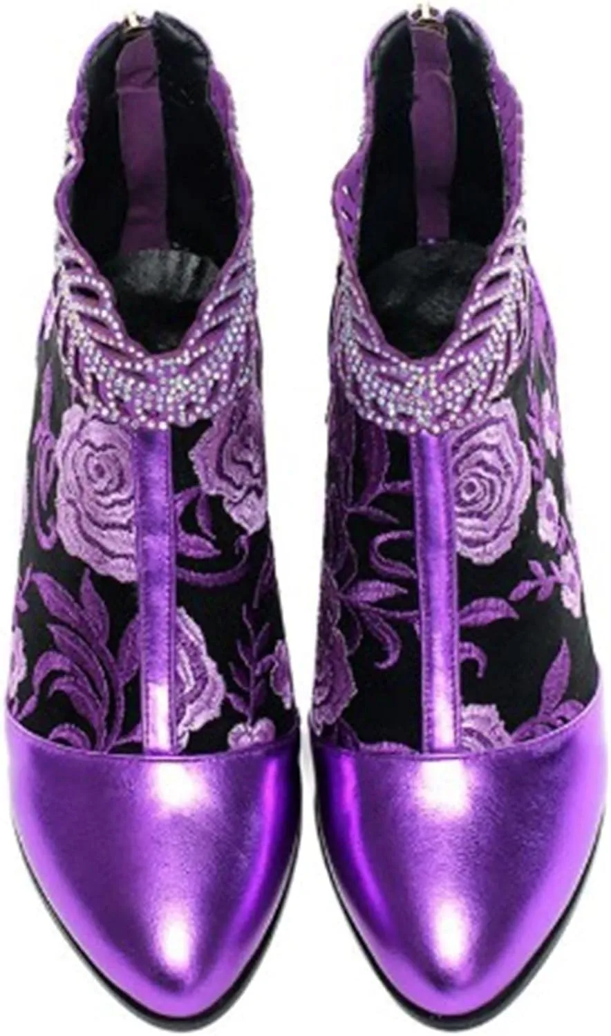 Sparkly Rhinestones Ankle Boots for Women Chunky Heel Vintage Pointed Toe Flower Embroidery Hollow Slip on Mid Heel Booties Retro Casual Ladies Shoes