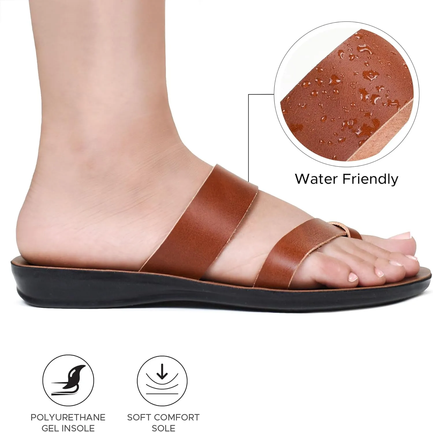 Split Toe Strap Man-Made Leather Ladies Cute Slides Outdoor Travel Dressy Flats Comfortable Walking Casual Summer Sandals for Women Fashion Footwear