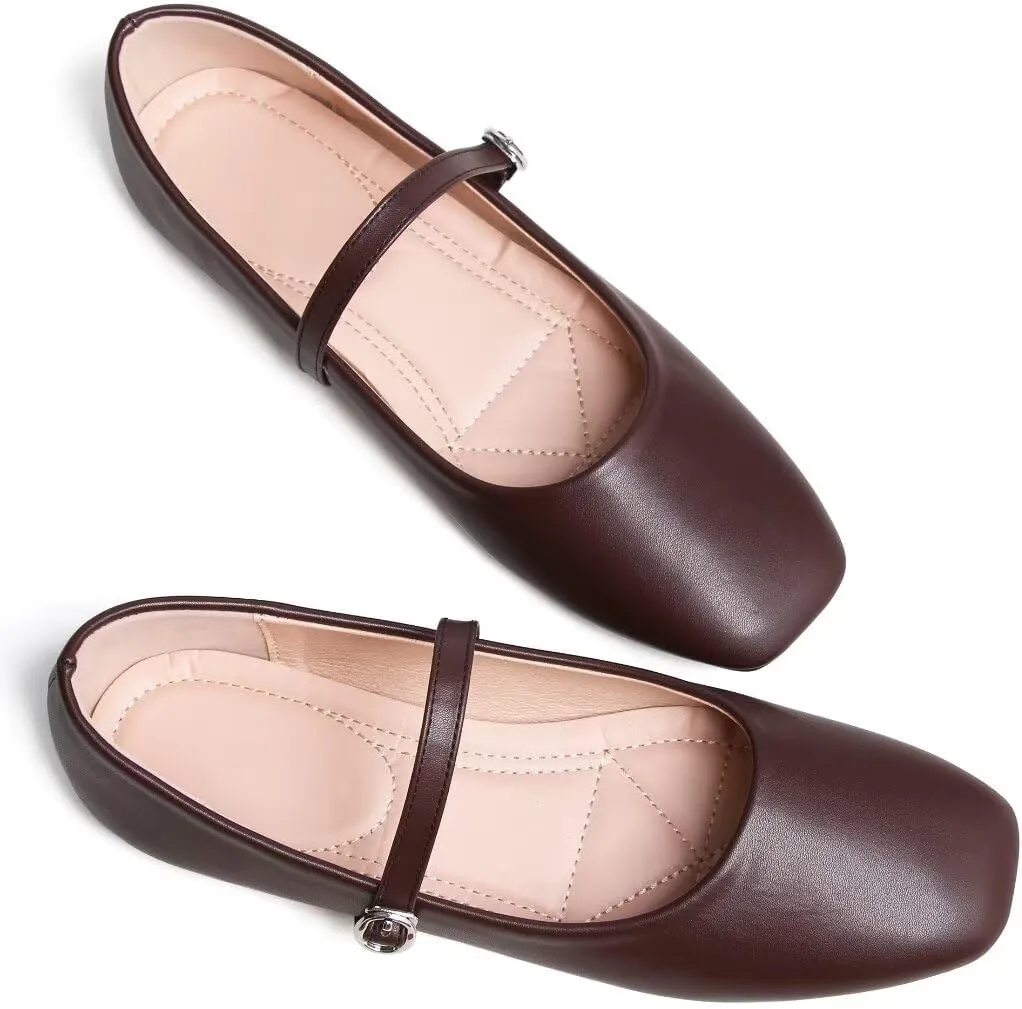 Stunner Mary Jane Square Toe Black Ballet Flats for Women - Comfortable Ankle Strap Casual Slip On Flats
