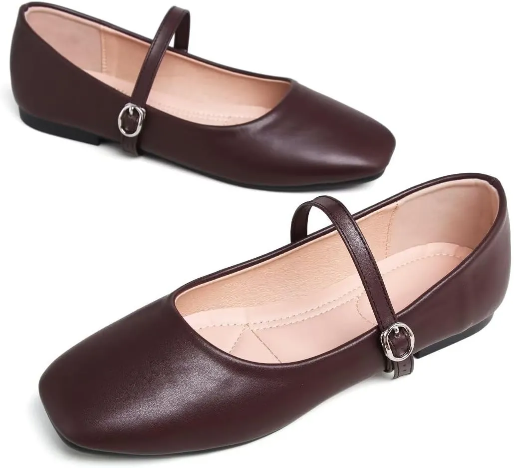 Stunner Mary Jane Square Toe Black Ballet Flats for Women - Comfortable Ankle Strap Casual Slip On Flats