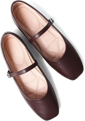 Stunner Mary Jane Square Toe Black Ballet Flats for Women - Comfortable Ankle Strap Casual Slip On Flats