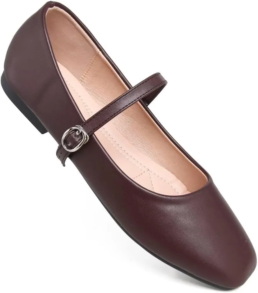 Stunner Mary Jane Square Toe Black Ballet Flats for Women - Comfortable Ankle Strap Casual Slip On Flats