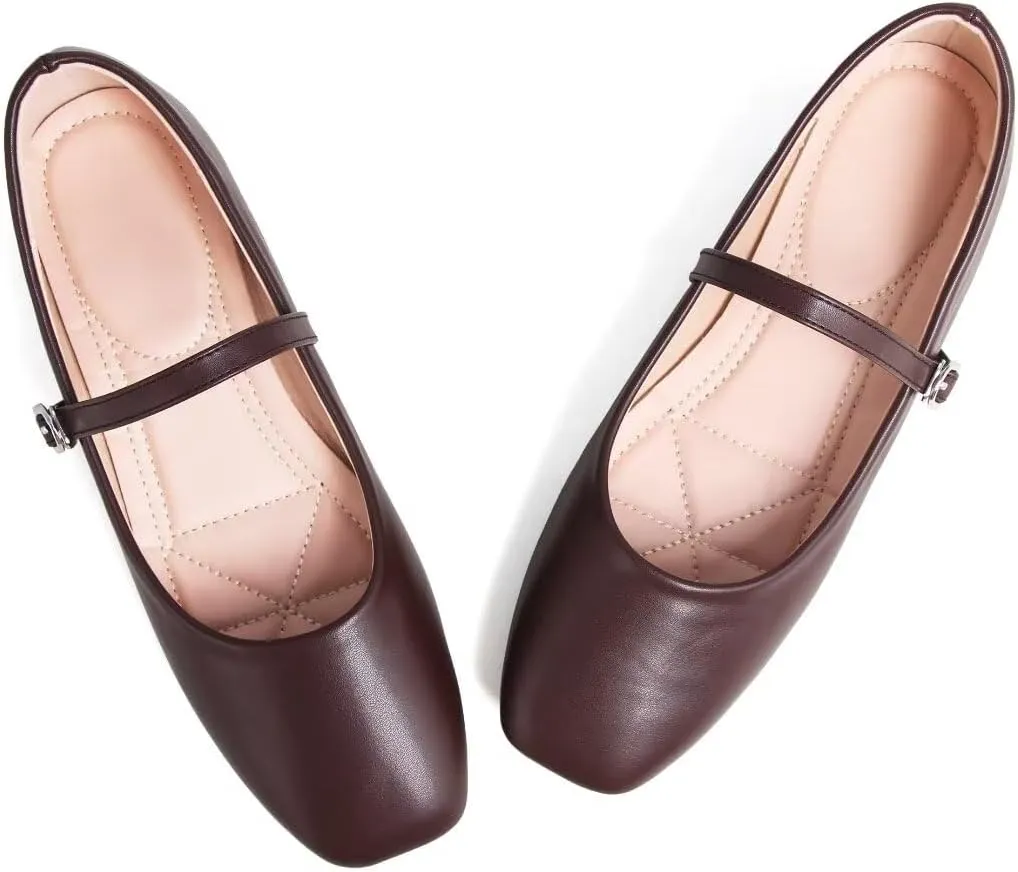 Stunner Mary Jane Square Toe Black Ballet Flats for Women - Comfortable Ankle Strap Casual Slip On Flats