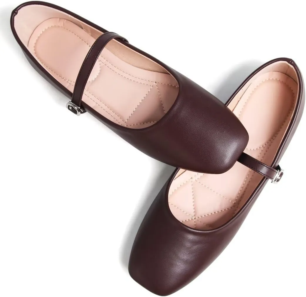Stunner Mary Jane Square Toe Black Ballet Flats for Women - Comfortable Ankle Strap Casual Slip On Flats