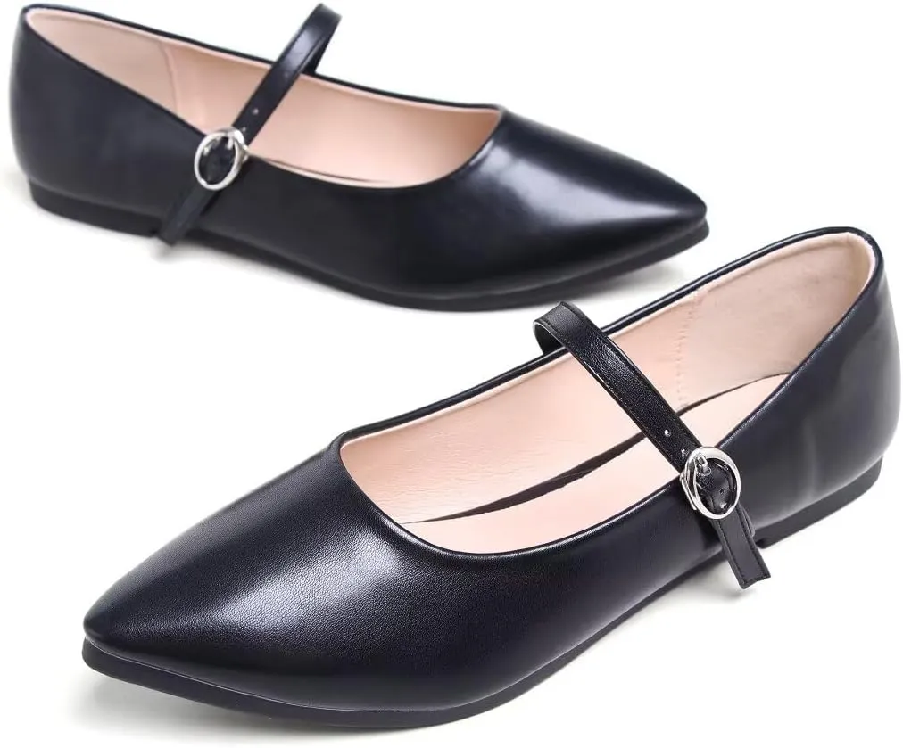 Stunner Women's Mary Jane Flats Fashion Pointed Toe Ballet Flats Comfort Buckle Strap Walk Flats
