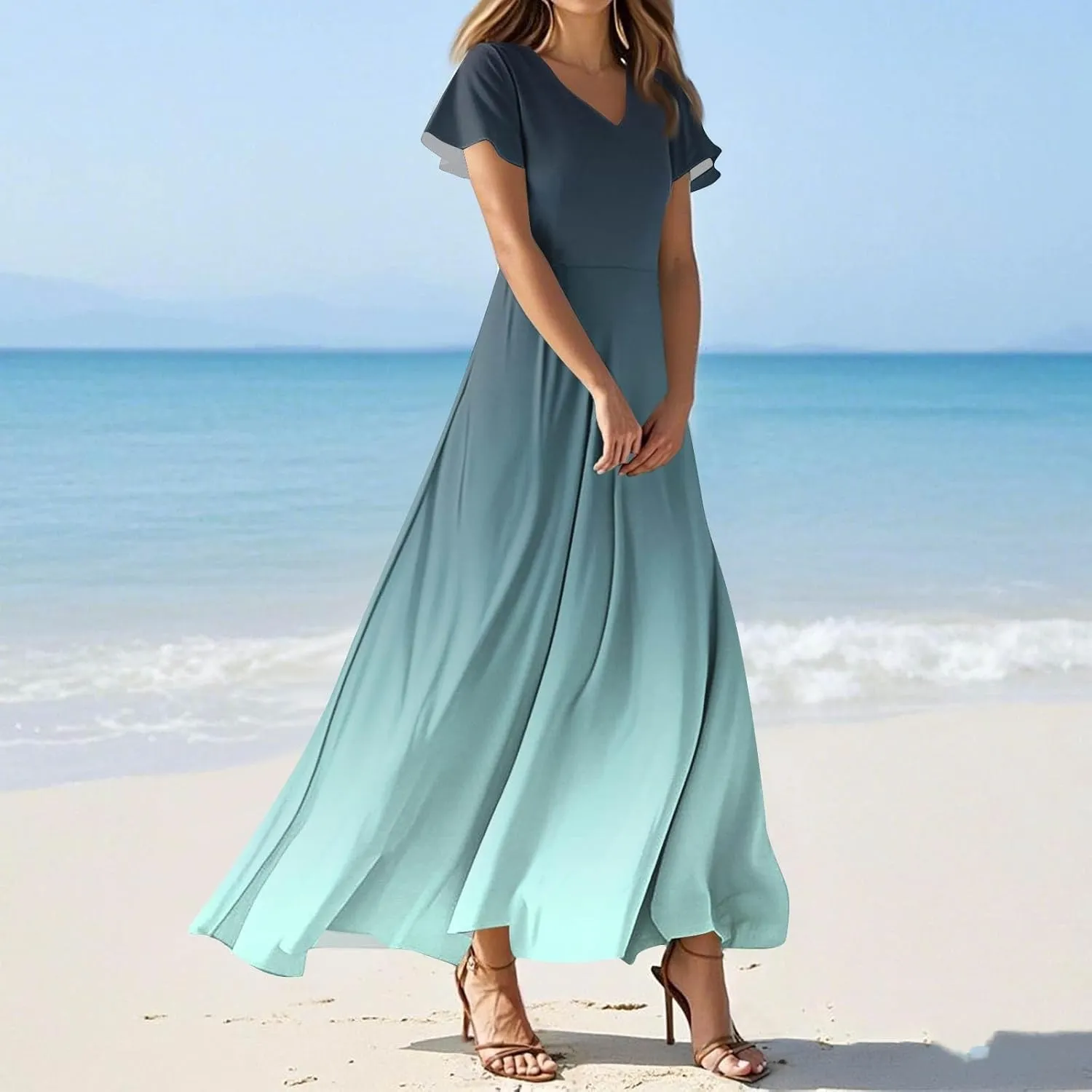 Summer Dress for Women 2025 Elegant Swing Flowy Ruffle V Neck Boho Sun Dresses Trendy Casual Vacation Long Sundresses