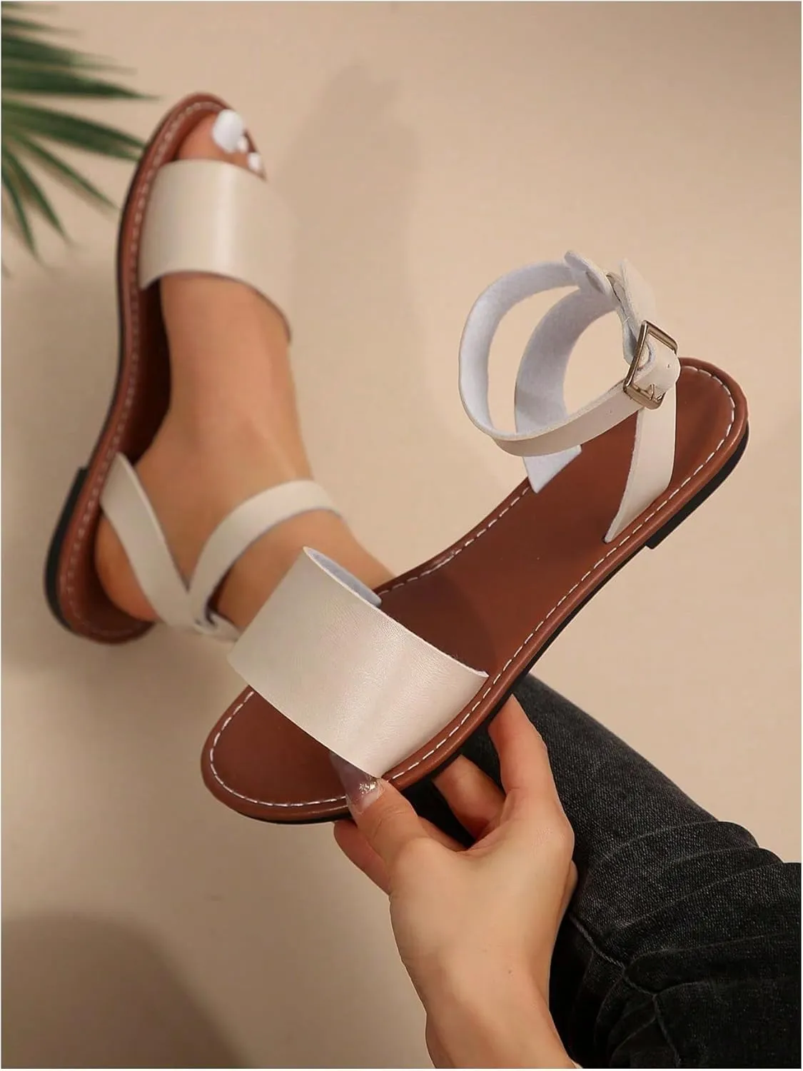 SweatyRocks Women's Open Toe Leather Flat Sandals Single Bands Ankle Strap Sandals