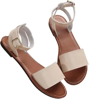 SweatyRocks Women's Open Toe Leather Flat Sandals Single Bands Ankle Strap Sandals