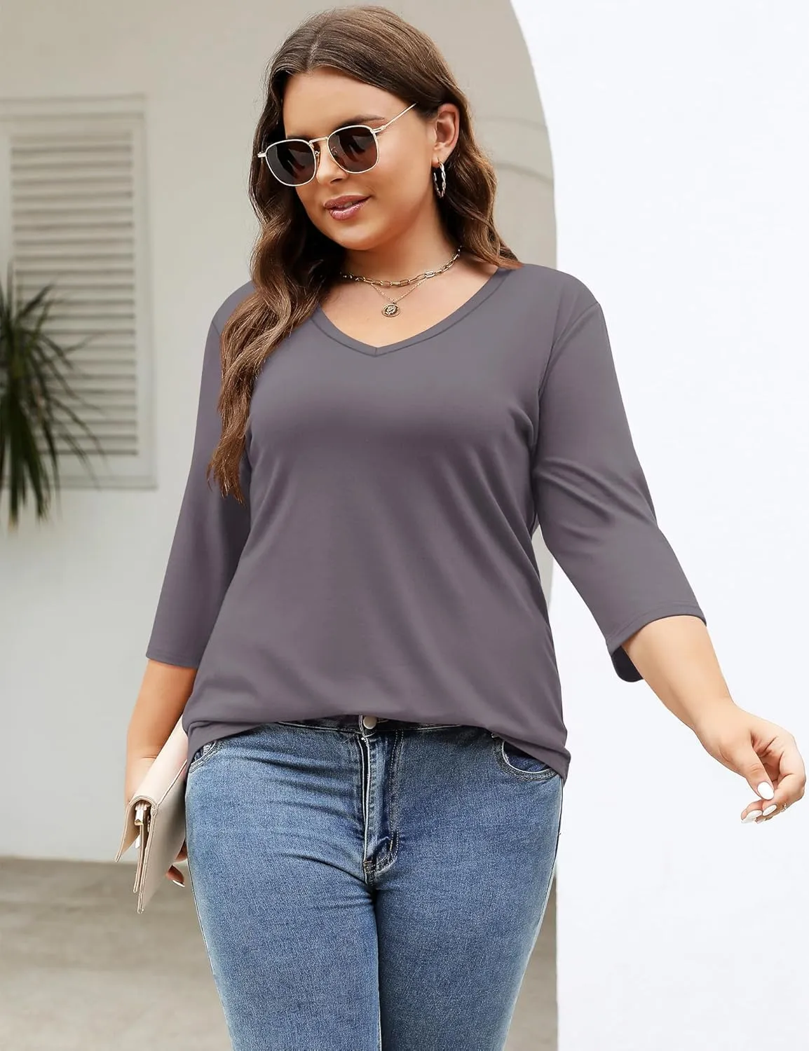 TFSDOD Womens Plus Size Tops V Neck T Shirts 3/4 Sleeve Blouse Summer Casual Tees XL-5X