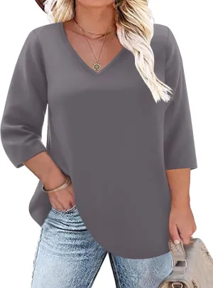 TFSDOD Womens Plus Size Tops V Neck T Shirts 3/4 Sleeve Blouse Summer Casual Tees XL-5X