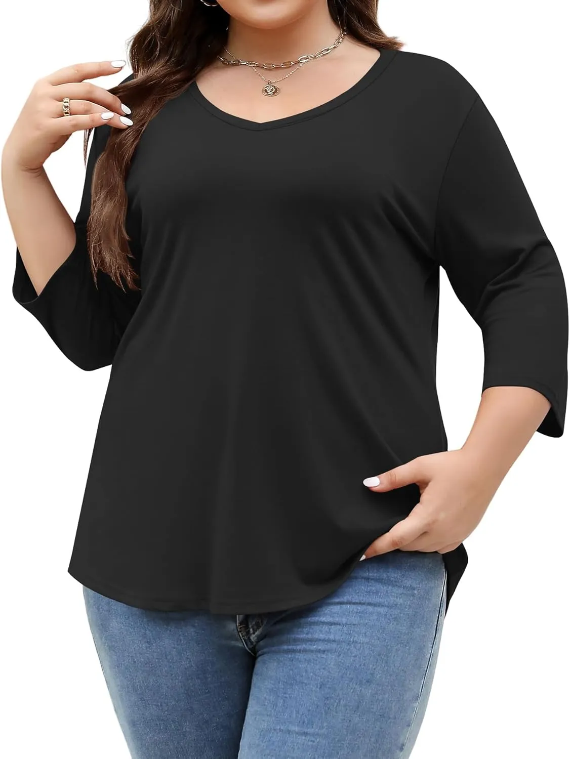 TFSDOD Womens Plus Size Tops V Neck T Shirts 3/4 Sleeve Blouse Summer Casual Tees XL-5X