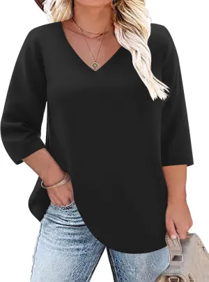 TFSDOD Womens Plus Size Tops V Neck T Shirts 3/4 Sleeve Blouse Summer Casual Tees XL-5X