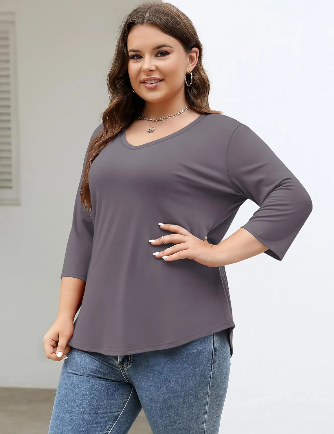TFSDOD Womens Plus Size Tops V Neck T Shirts 3/4 Sleeve Blouse Summer Casual Tees XL-5X