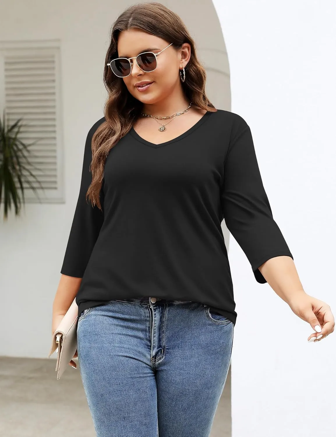 TFSDOD Womens Plus Size Tops V Neck T Shirts 3/4 Sleeve Blouse Summer Casual Tees XL-5X