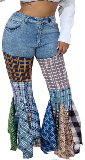 ThusFar Women High Waist Patchwork Flare Jeans Plaid Bell Bottom Ruffle Hem Denim Long Pants Trousers