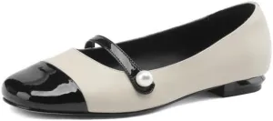 TinaCus Women's Genuine Leather Handmade Cap-Toe Decorated Pearl Buckle Mary Jane Flats Shoes