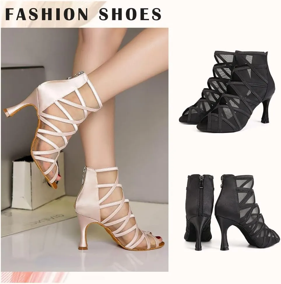 TINRYMX Women's Latin Dance Boots Ballrooom Salsa Tango Open Toe Performance Professional Dance Shoes, Model-YCL445