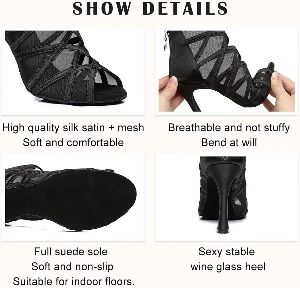 TINRYMX Women's Latin Dance Boots Ballrooom Salsa Tango Open Toe Performance Professional Dance Shoes, Model-YCL445