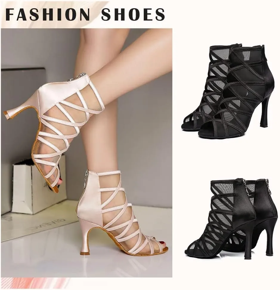 TINRYMX Women's Latin Dance Boots Ballrooom Salsa Tango Open Toe Performance Professional Dance Shoes, Model-YCL445